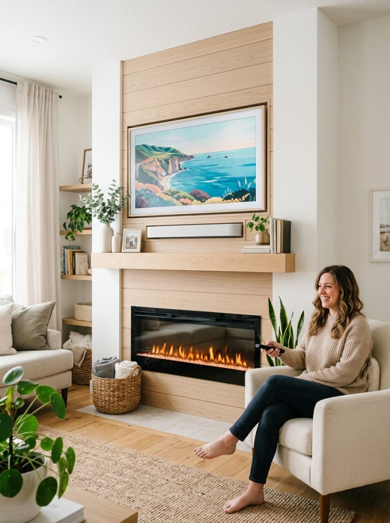 DIY fireplace TV wall with mounted TV and completely hidden cables using in-wall cable management system