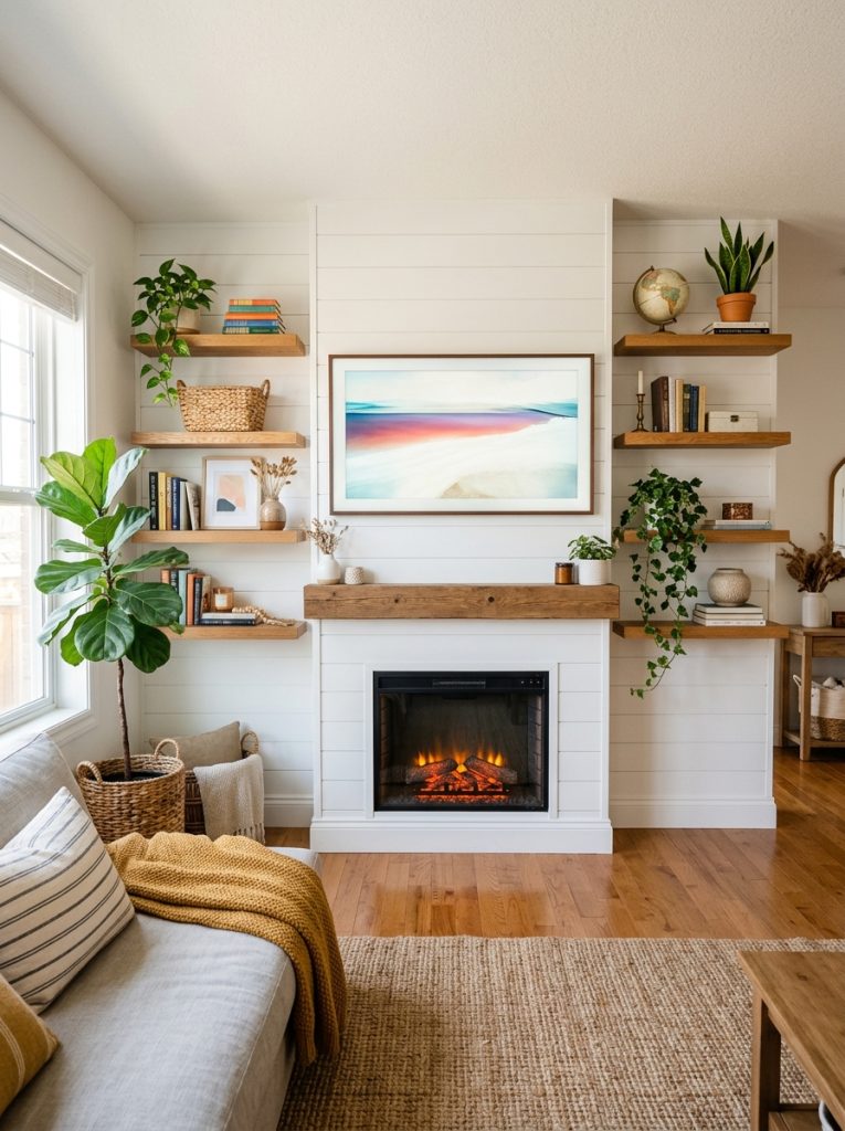 DIY fireplace TV wall with floating shelves on each side of TV holding books plants and decor in bright living room