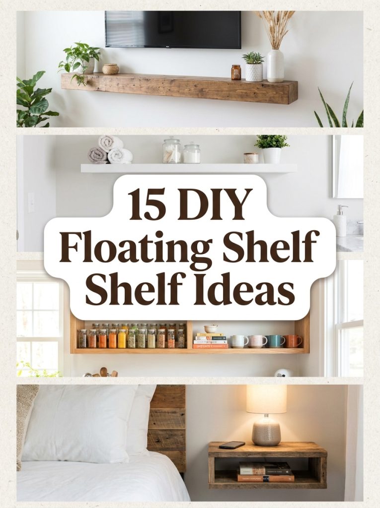 Pinterest collage showing 15 DIY floating shelf ideas for TV wall bathroom kitchen bedroom and laundry room