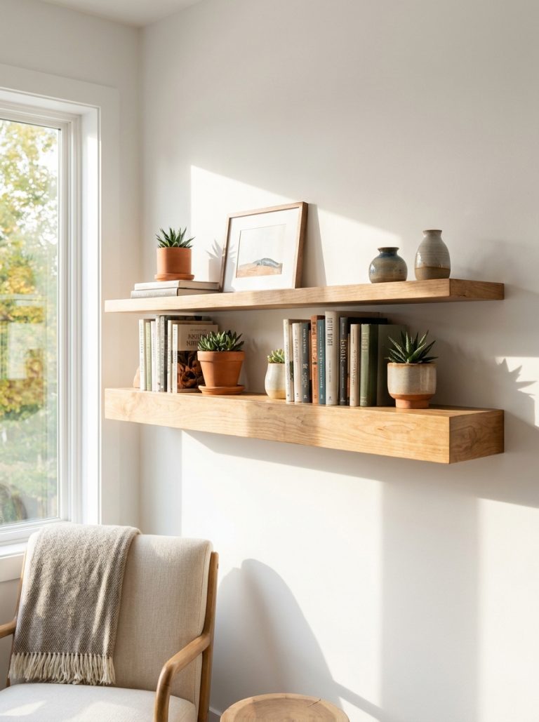 DIY floating shelf in natural wood finish on bright white living room wall holding books plants and styled decor