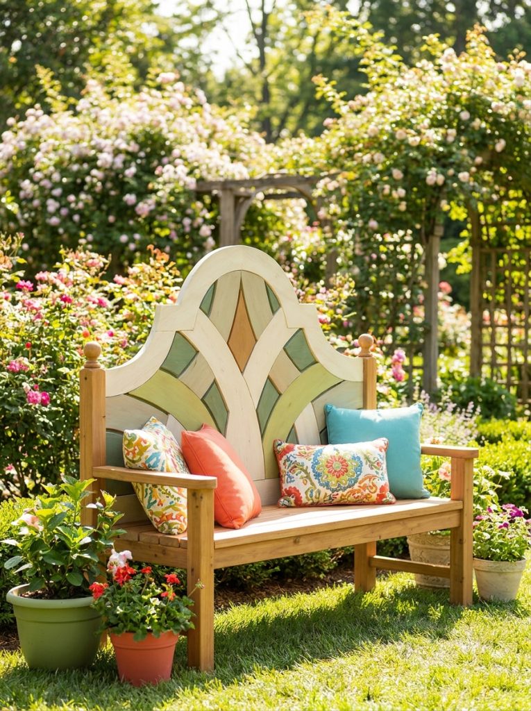 DIY garden bench with tall decorative headboard style backrest in bright sunny garden setting