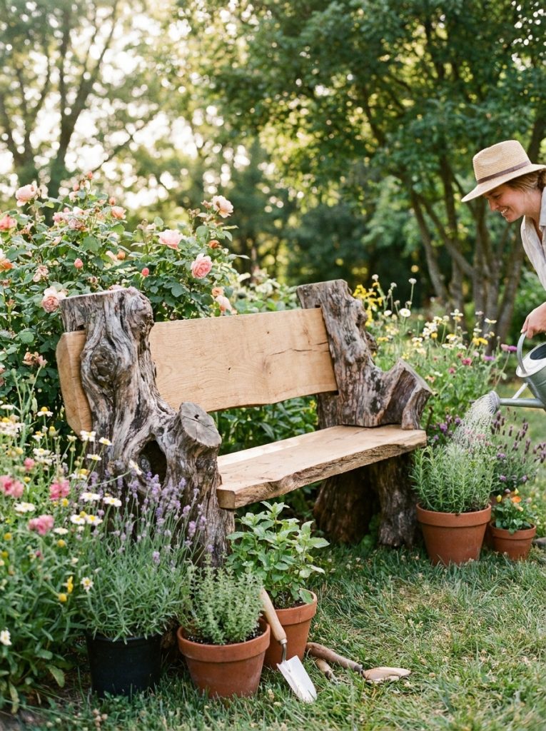 Rustic DIY garden bench made from two tree stumps with thick wood plank across as seat