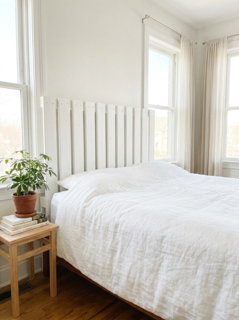Simple DIY headboard built from 2x4 lumber painted white with clean lines behind bed in bright minimal bedroom