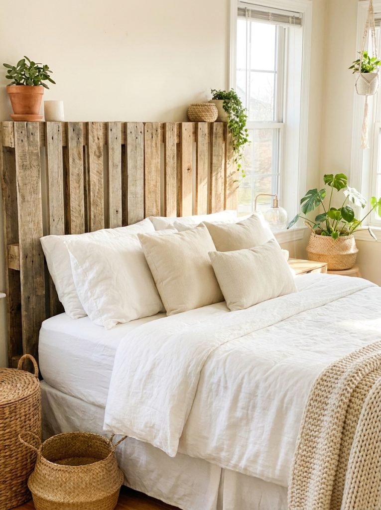 DIY headboard built from repurposed pallet wood with natural rustic finish behind bed with white bedding