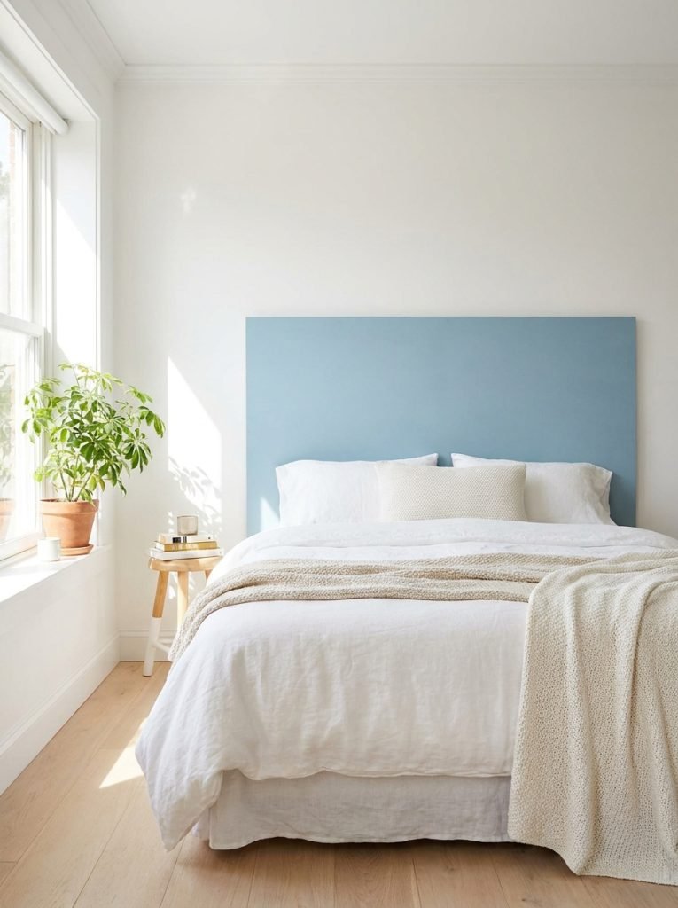 Very simple DIY headboard from one plywood sheet painted soft blue mounted behind bed in bright clean bedroom