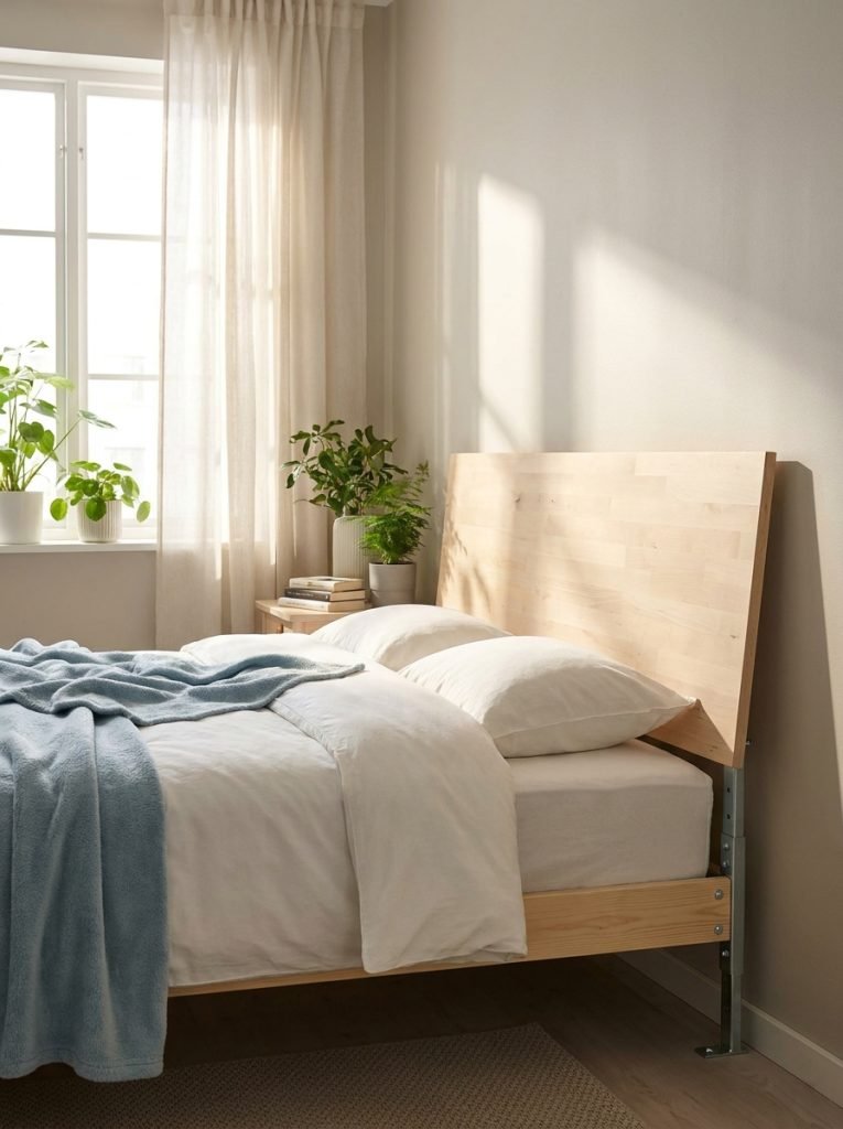 DIY headboard with adjustable mounting legs for different bed heights behind bed in bright clean bedroom