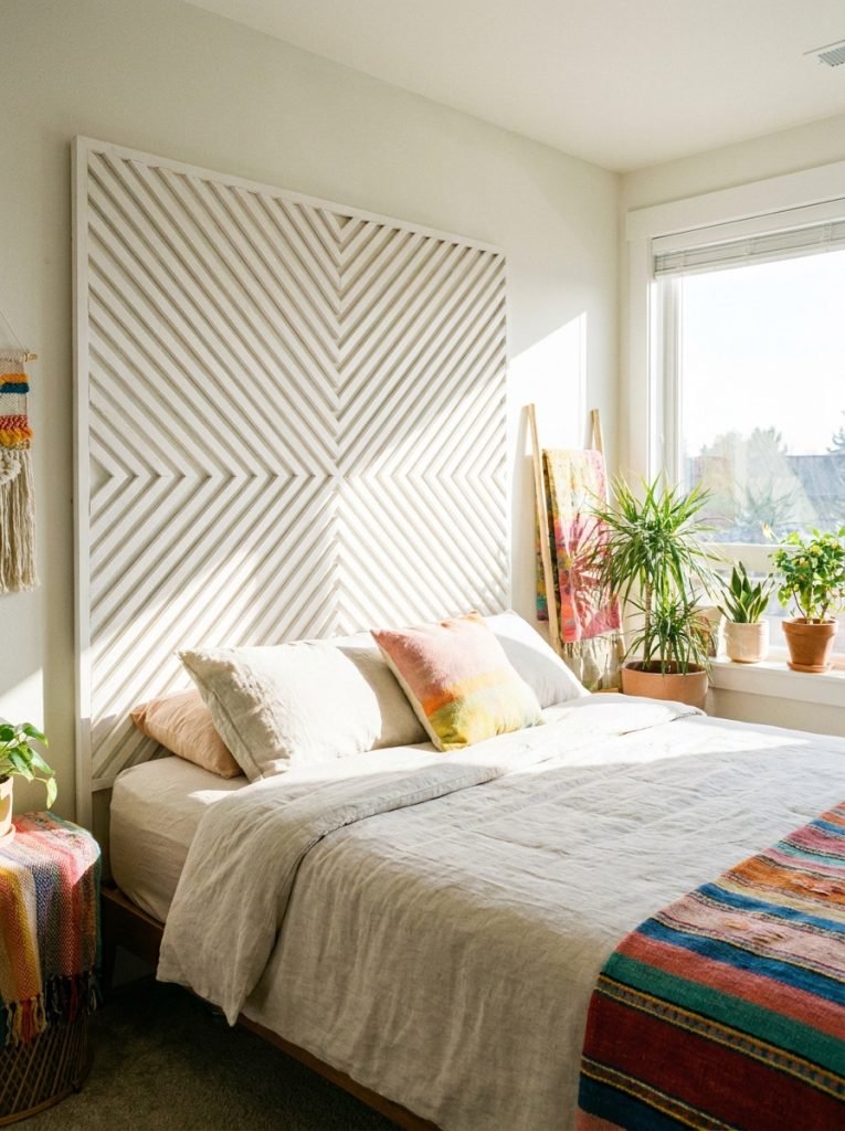 DIY geometric headboard from thin wood strips in diamond pattern painted white behind bed in bright modern bedroom