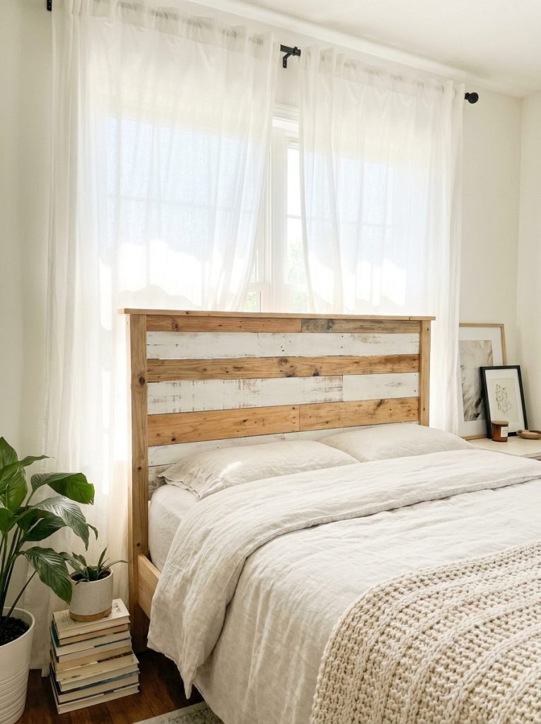 DIY headboard positioned in front of window with sheer curtains letting soft light through around edges