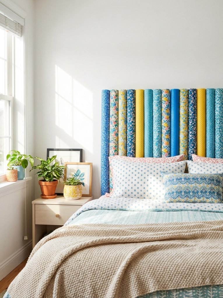 Creative DIY headboard made from pool noodles wrapped in fabric mounted vertically on wall behind bed