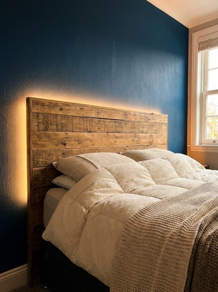DIY headboard with warm LED strip lights glowing softly behind creating floating backlit effect in cozy bedroom