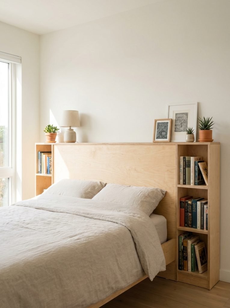 DIY headboard with built in shelves on each side holding books lamp and decor behind bed in bright bedroom