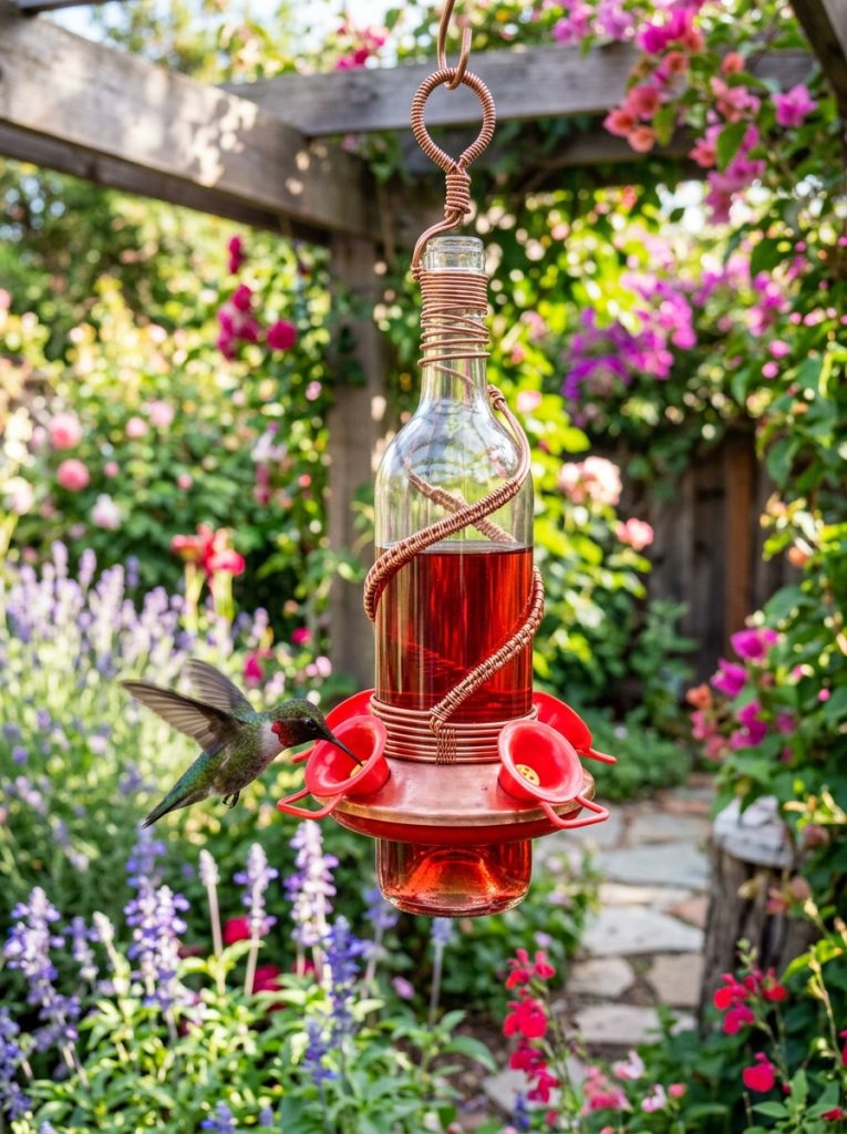 DIY hummingbird feeder made from repurposed wine bottle with copper wire wrapping and red feeding ports
