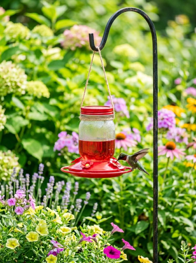 DIY mason jar hummingbird feeder with red lid and feeding ports hanging from garden shepherd hook
