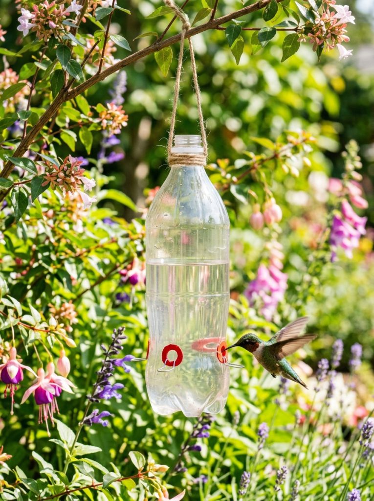 Simple DIY hummingbird feeder made from clean plastic bottle with red feeding holes hanging from string