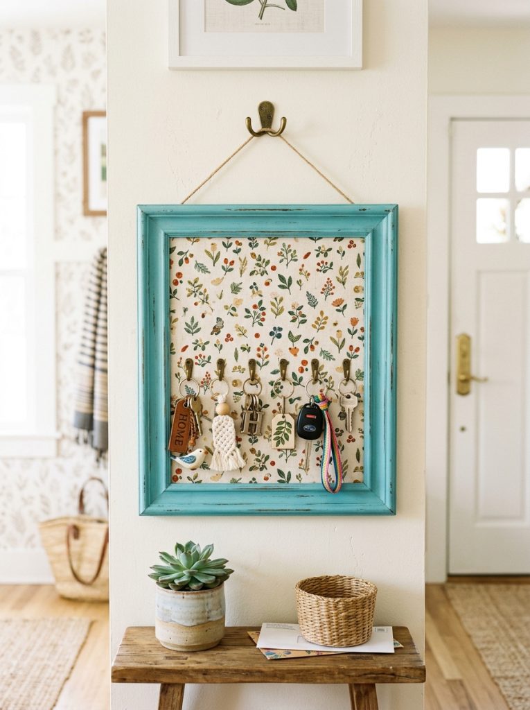 Creative DIY key holder from repurposed picture frame with small hooks inside decorative background on bright entryway wall