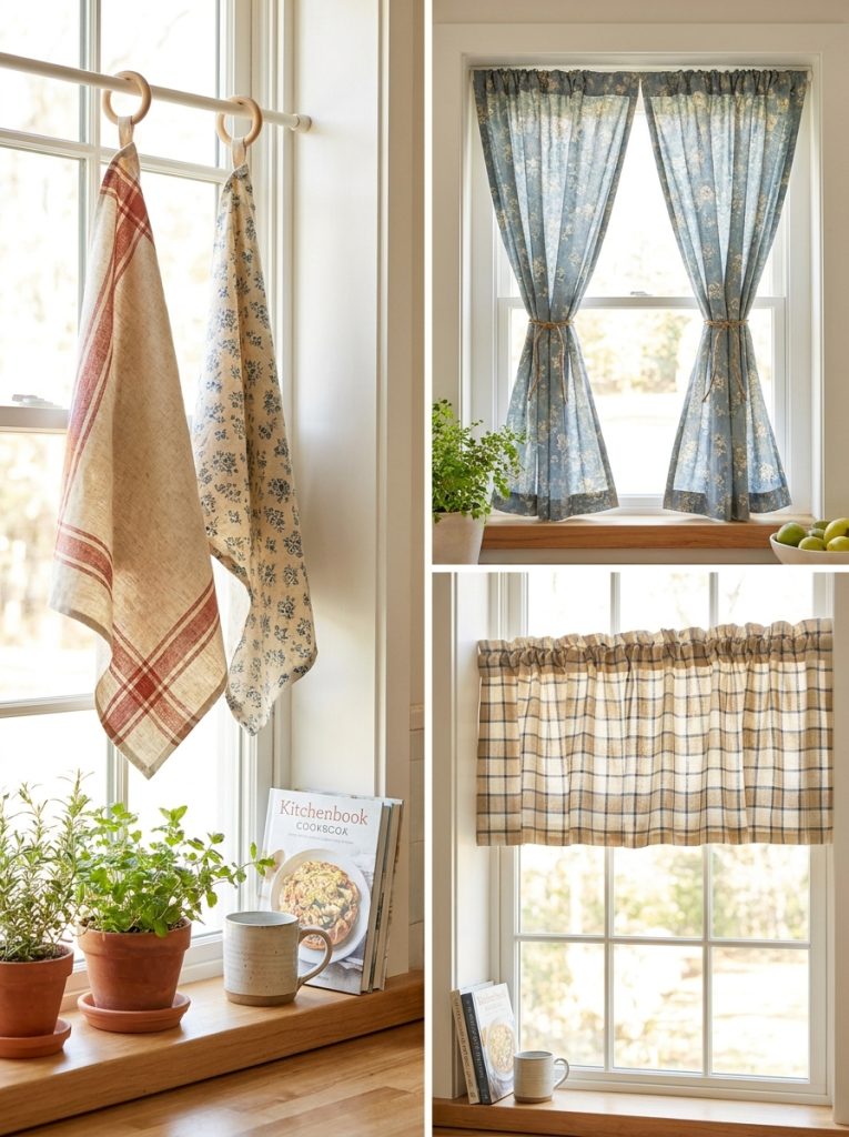 Beautiful easy DIY kitchen window curtains with tea towel curtains repurposed fabric panels and simple gathered fabric treatments