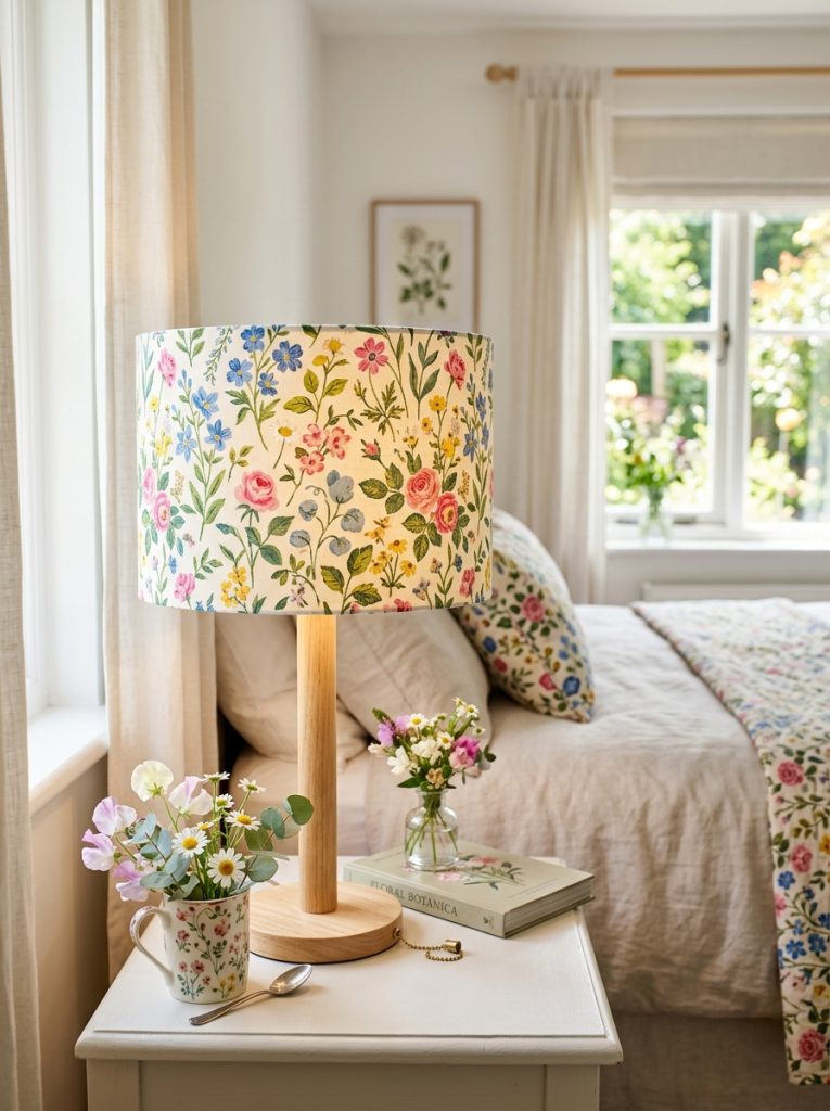 DIY lamp shade covered in fresh floral linen fabric stretched and glued neatly around shade frame in bright bedroom