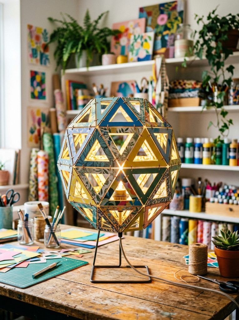 Creative DIY lamp shade from decorative cardboard panels in geometric shapes around wire frame with patterned glow