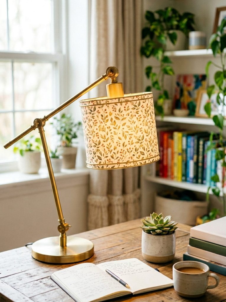 Simple DIY lamp shade from decorative paper rolled into cylinder secured with wire rings glowing on desk lamp