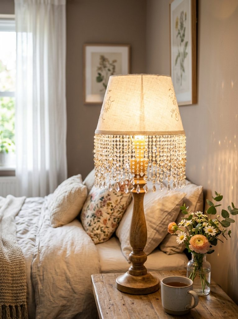 DIY lamp shade with strings of crystal and glass beads hanging from bottom edge creating beautiful light effect