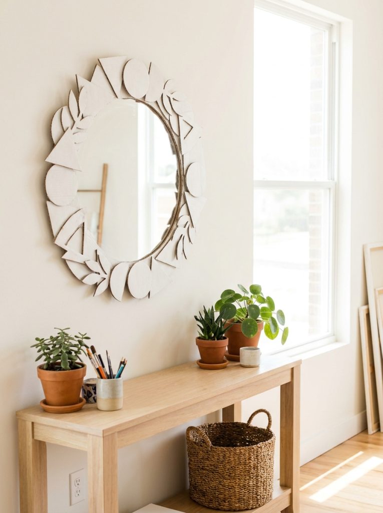 Creative DIY mirror frame made from layered cardboard cut into geometric shapes painted white around small mirror