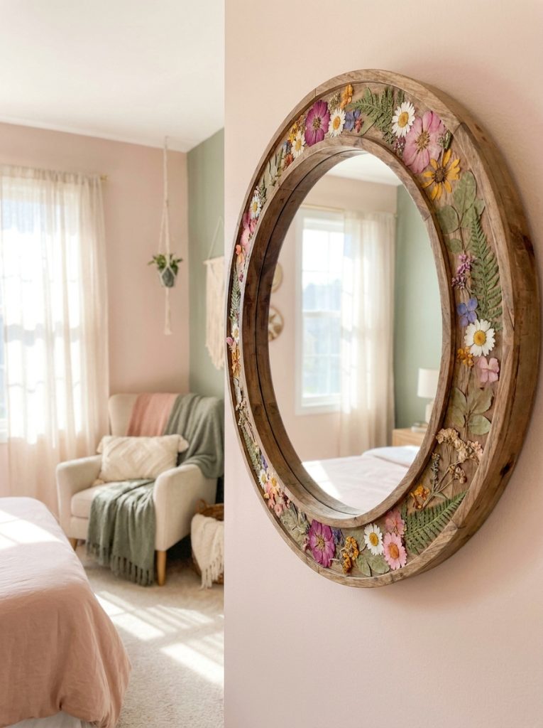 DIY mirror frame with dried flowers pressed flowers and greenery arranged around round mirror in bright bedroom