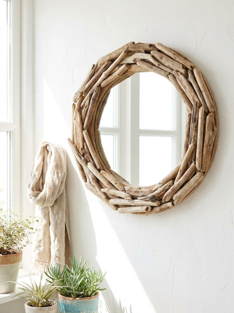  DIY mirror frame made from natural driftwood pieces arranged around round mirror on bright white wall
