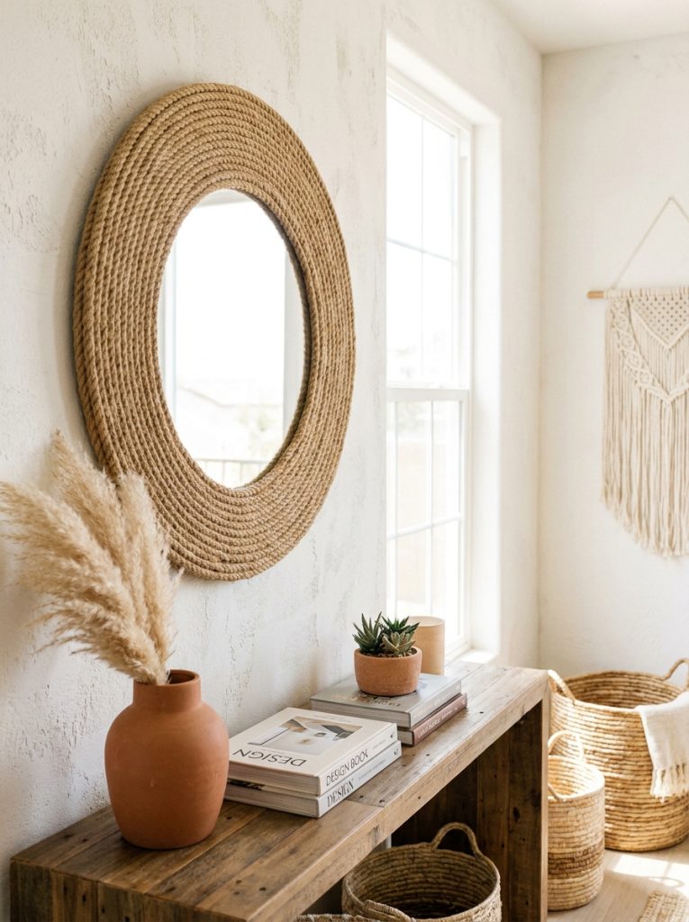  DIY mirror frame wrapped in natural jute rope coiled tightly around round mirror on bright wall