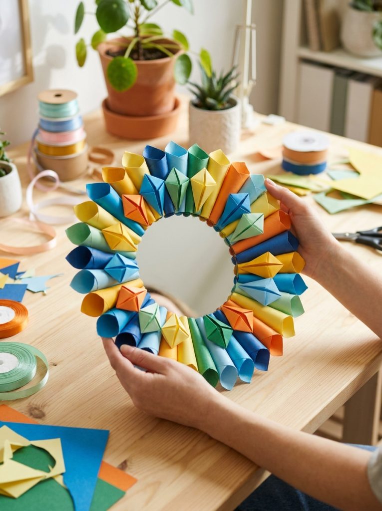 Creative DIY mirror frame made from rolled paper cones arranged in geometric pattern around small mirror