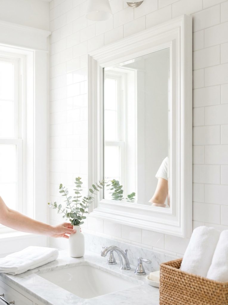 DIY mirror frame made from white painted decorative molding trim around rectangular bathroom mirror