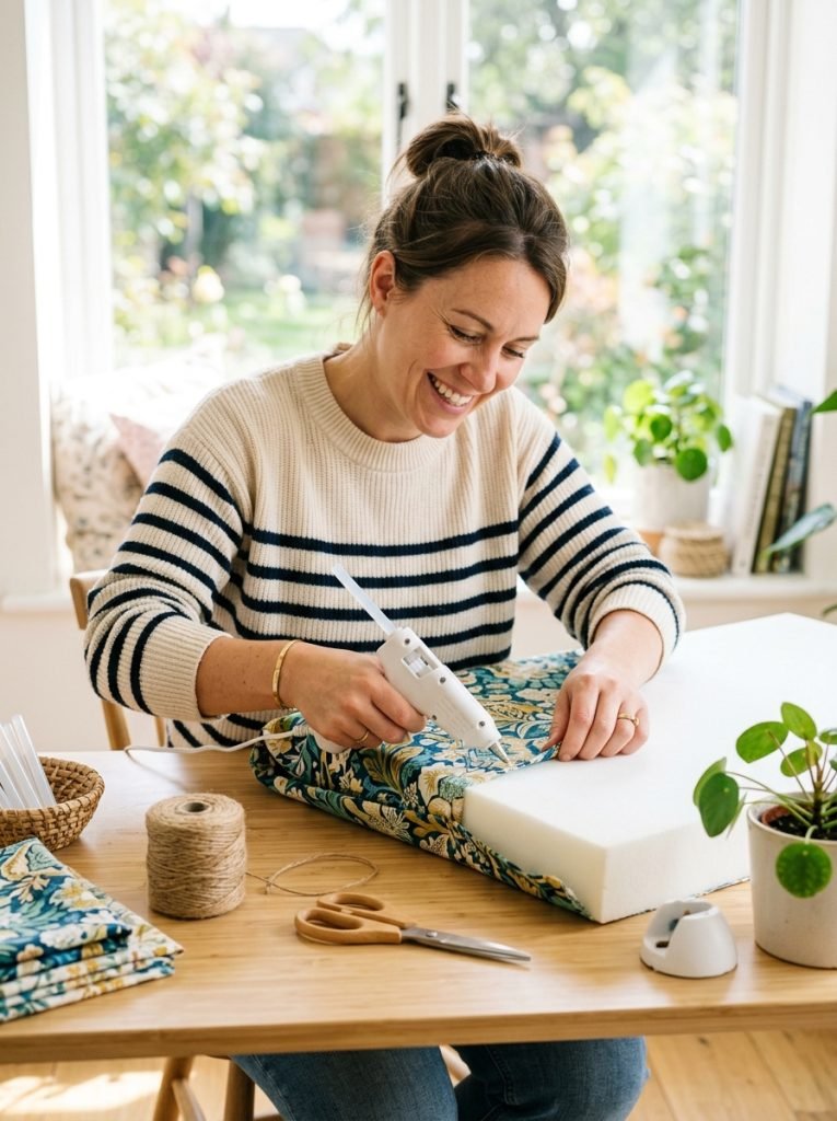 DIY no sew window seat cushion being made by wrapping foam in fabric secured with hot glue on work surface