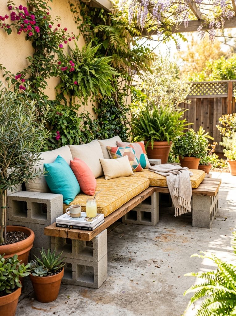 Repurposed old indoor sofa painted in weather resistant paint on covered patio as outdoor furniture bright setting