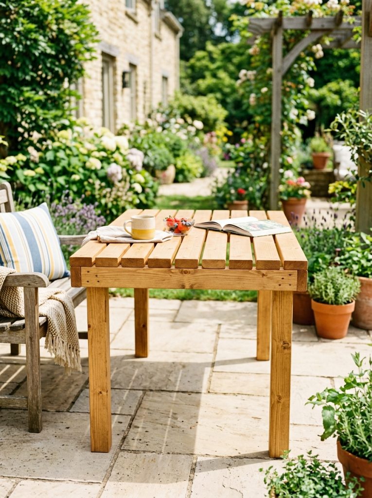Simple DIY outdoor table from 2x4 lumber with four straight legs and slatted top in natural wood finish on bright patio