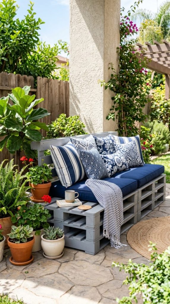 DIY pallet sofa on sunny patio with thick navy outdoor cushions stacked painted grey pallets and potted plants