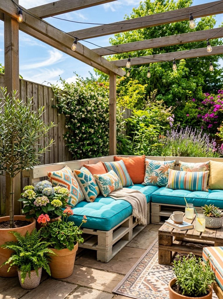 Large DIY pallet outdoor sectional in L-shape on sunny patio with thick colorful cushions plants and string lights