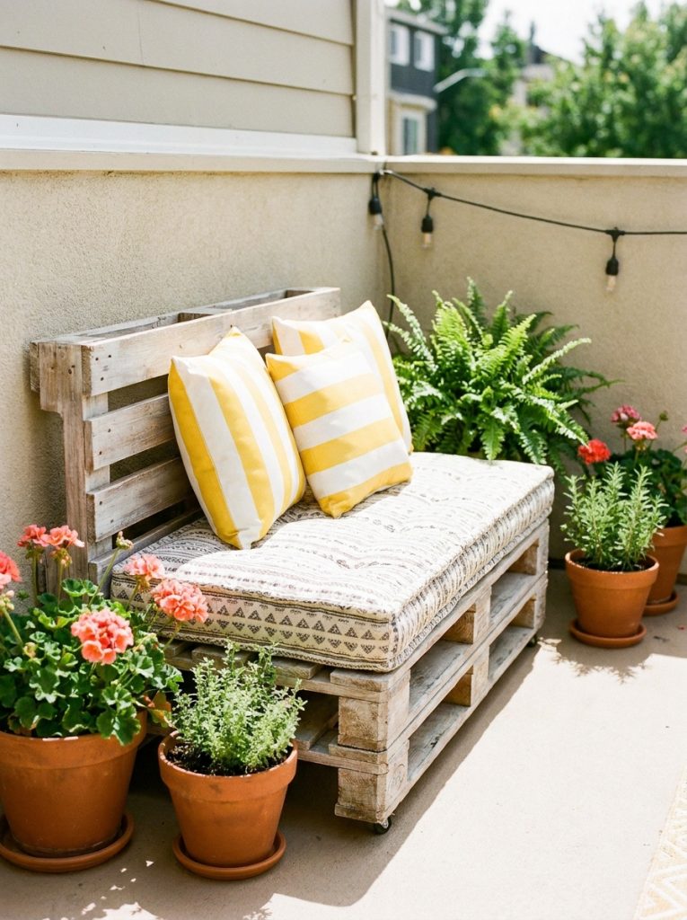 DIY outdoor patio bench built from repurposed wooden pallets with cushion on bright sunny patio