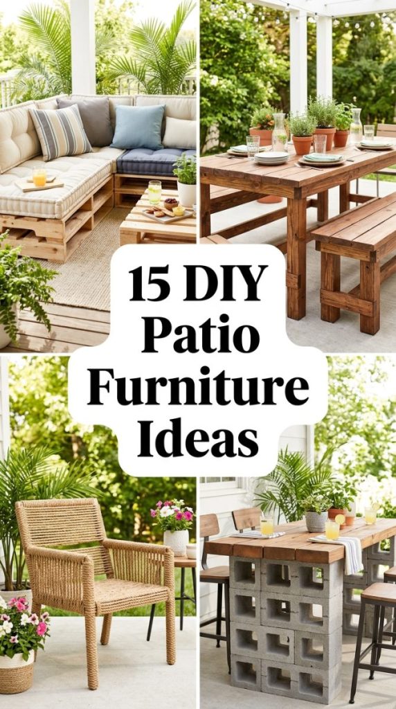 Pinterest collage showing 15 DIY patio furniture ideas for pallets cinder blocks wood rope and repurposed materials