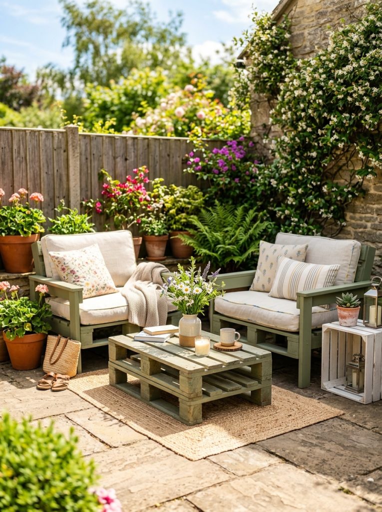 Complete simple DIY patio furniture set on budget with pallet coffee table chairs with cushions and side table on sunny patio