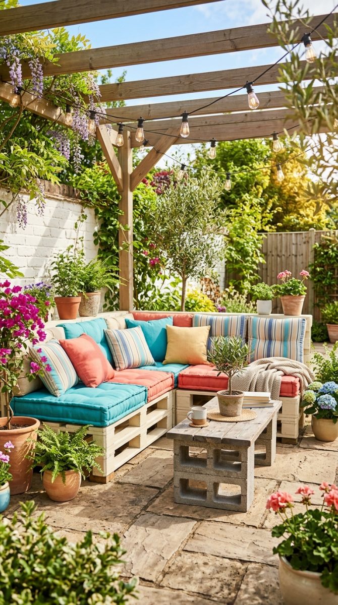 DIY patio furniture set with pallet sofas outdoor cushions cinder block coffee table and string lights on sunny patio