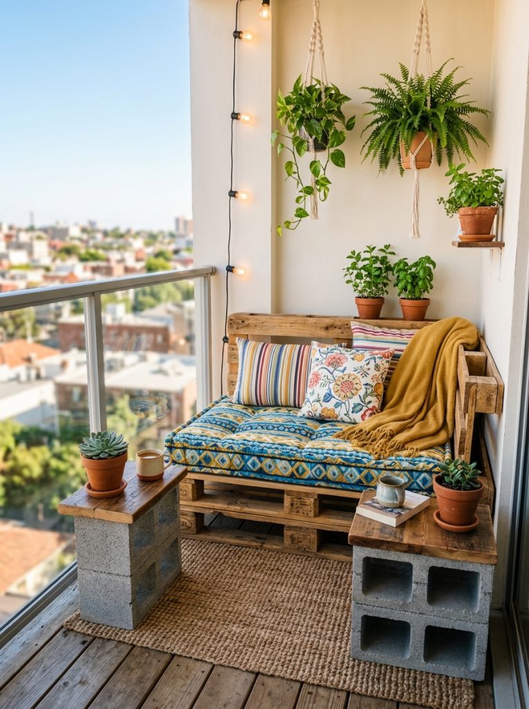 DIY patio furniture for small balcony compact two-seat pallet sofa and small cinder block side table bright small patio