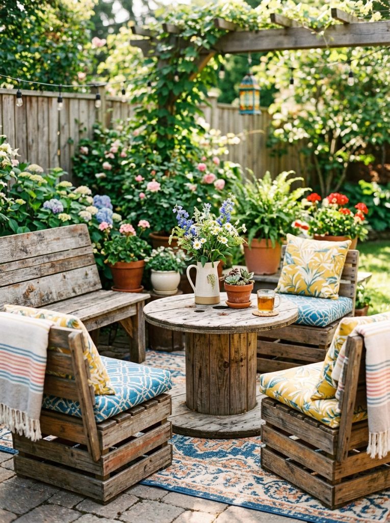 Creative DIY patio set from repurposed cable spool table old wooden crates as chairs and reclaimed wood bench on patio