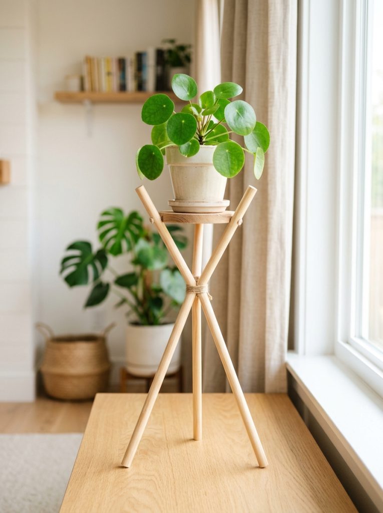 Simple DIY plant stand made from dollar store wooden dowels assembled into minimal tripod style holding plant