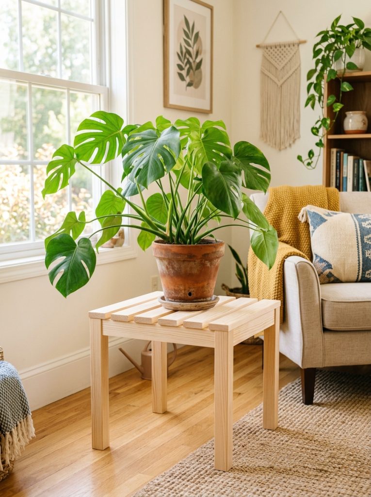 Simple DIY plant stand table with four legs and slatted top holding large potted plant in bright living room