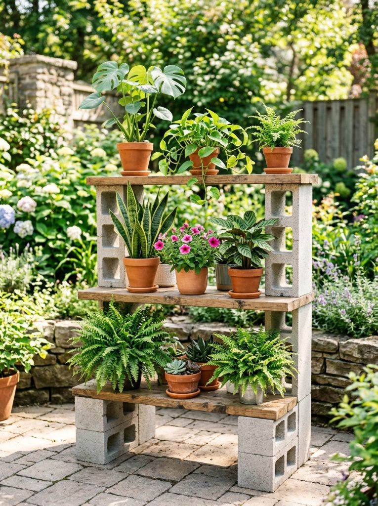 DIY outdoor cinder block plant stand with wood plank shelves holding large potted plants on sunny patio