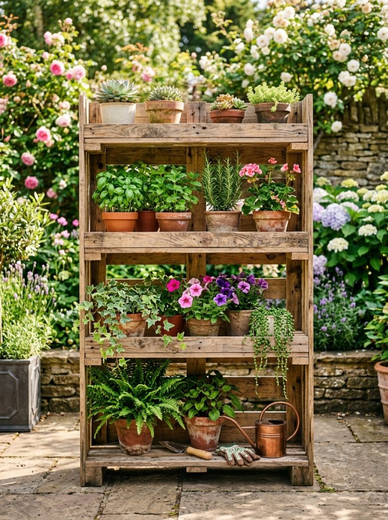 DIY outdoor plant stand built from repurposed pallet wood with multiple shelves holding potted plants