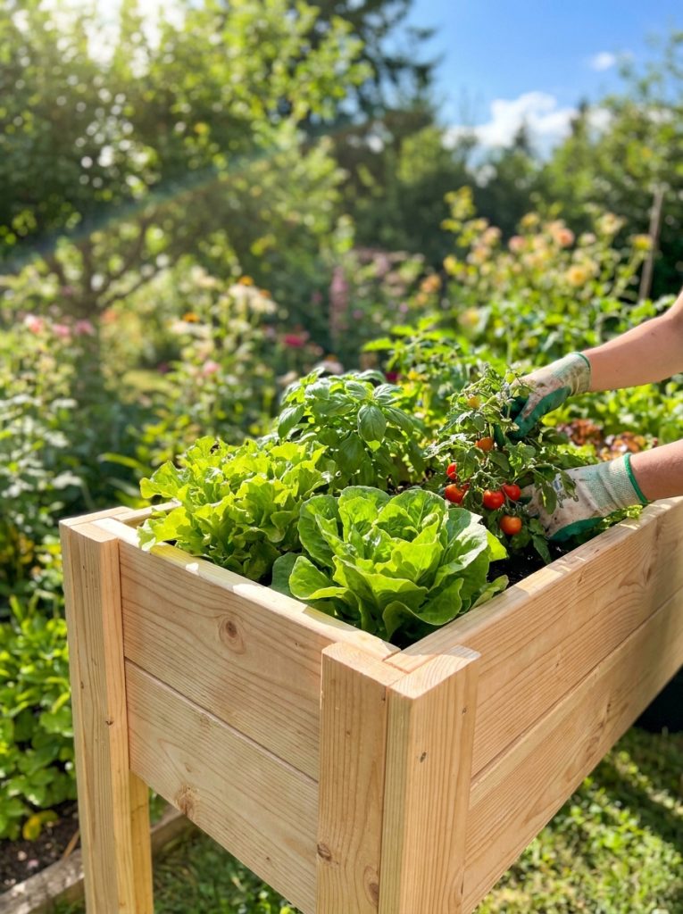 Simple DIY planter box built from 2x4 lumber with clean straight lines filled with vegetables