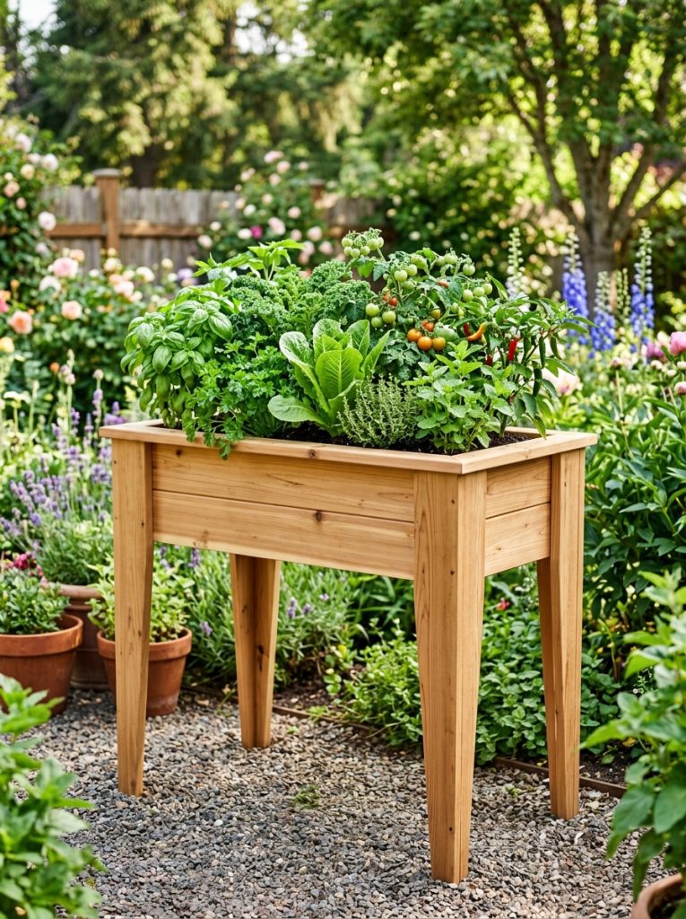 Elevated DIY cedar planter box on tall angled legs filled with vegetables and herbs in sunny garden