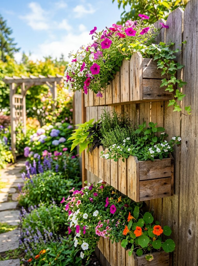 DIY planter boxes built from cedar fence pickets mounted along garden fence with trailing flowers