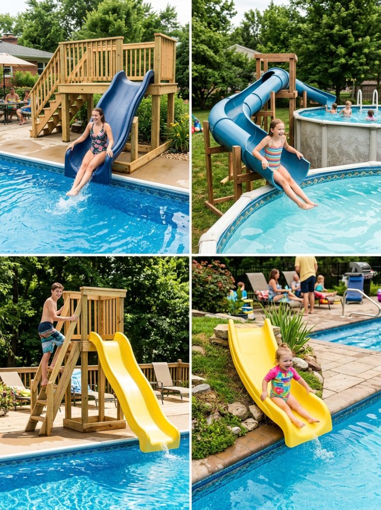 Four DIY pool slide ideas including sturdy wooden deck PVC pipe platform with secure ladder and gentle ground level slide