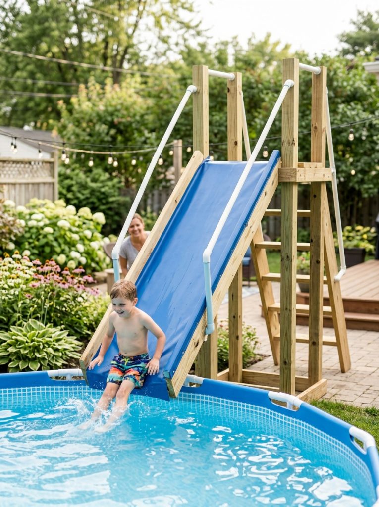 Clever budget-friendly DIY pool slide with basic lumber PVC and simple materials achieving fun results at minimal cost beside pool